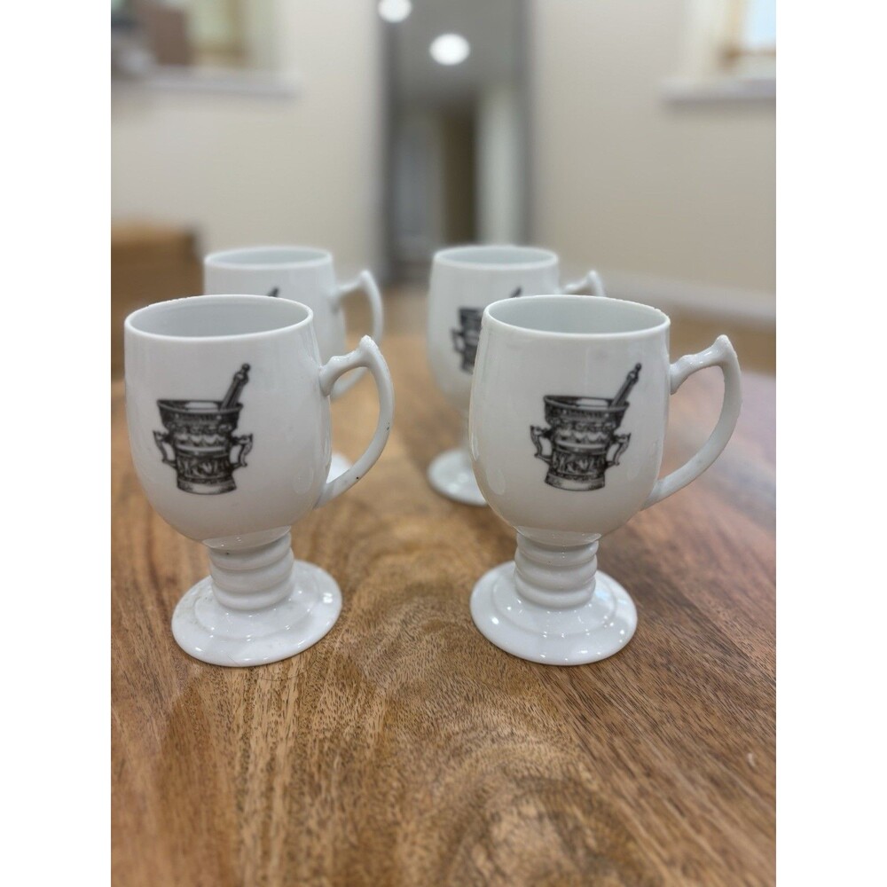 Six (6) Vintage Apothecary RX Pedestal Mugs Halloween Goth